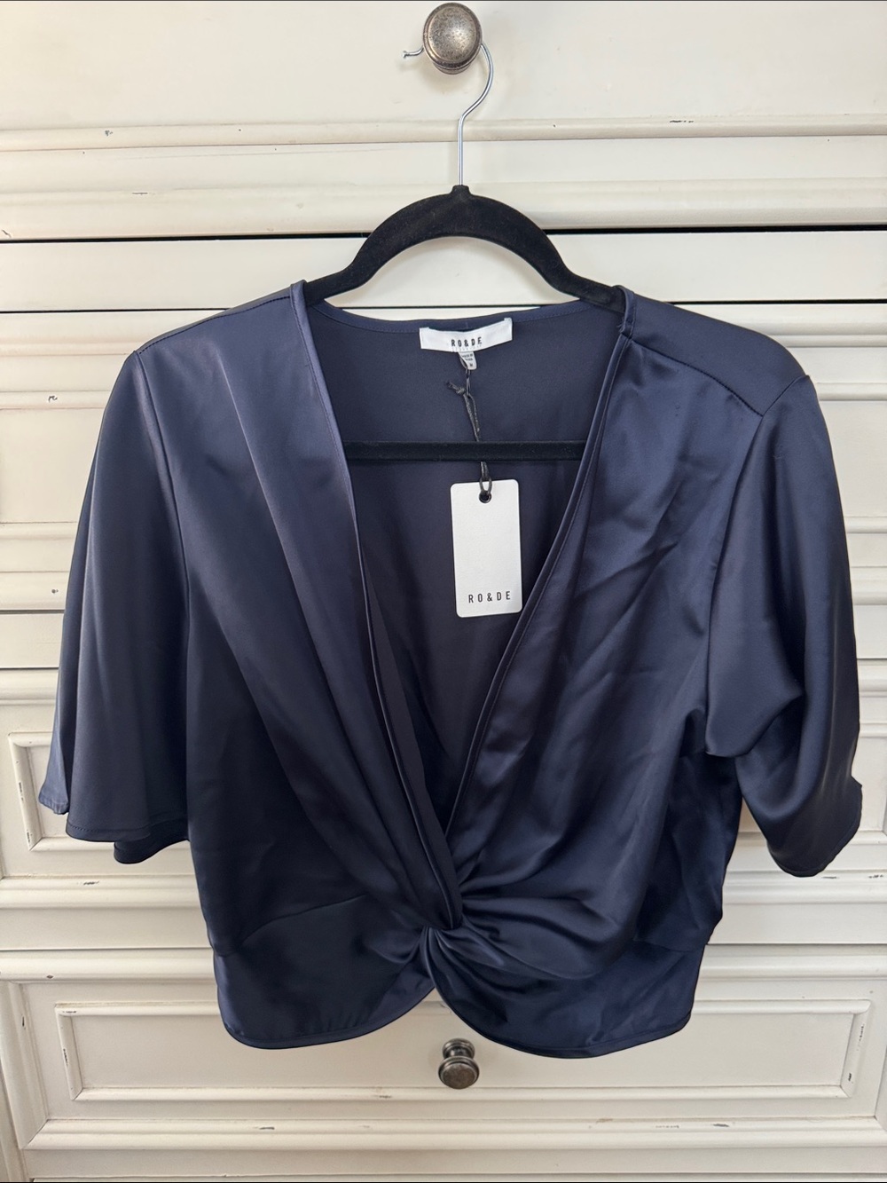 Ro & De Navy Satin Twist-Front V-Neck Top